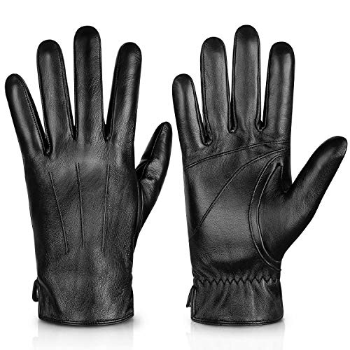 Product Cover Genuine Sheepskin Leather Gloves For Men, Winter Warm Touchscreen Texting Cashmere Lined Driving Motorcycle Gloves By Alepo(Black-M)