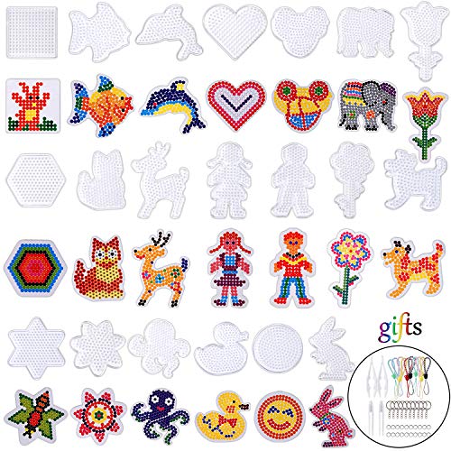 Product Cover 20 Pieces 5mm Fuse Beads Pegboards Clear Plastic Pegboards Craft Tray with 20 Pieces Colorful Cards, 4 Pieces White Beads Tweezers, 10 Keychains, 10 Hang Ropes, 20 Hang Circle for Kids DIY Craft Beads