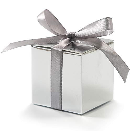 Product Cover KPOSIYA 100 Pack Favor Boxes 2x2x2 inch Candy Boxes Metallic Silver Gift Boxes with Ribbons for Wedding Baby Shower Decorations Birthday Party Supplies (Metallic Silver, 100)