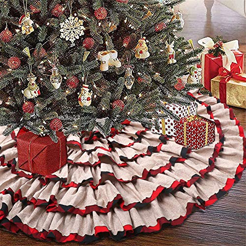 Product Cover KERIQI 48 Inch Buffalo Plaid Christmas Tree Skirt, Burlap Red and Black Check Ruffle Tree Skirt for Rustic Farmhouse Holiday Christmas Tree Decorations