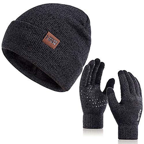 Product Cover Winter 1-3 PCS Beanie Hat Gloves Scarf for Men and Women, Knit Thick Fleece Lined Warm Touchscreen Gloves Beanie Infitiny Scarf Set (Gloves&Beanie Black Dark Gray)