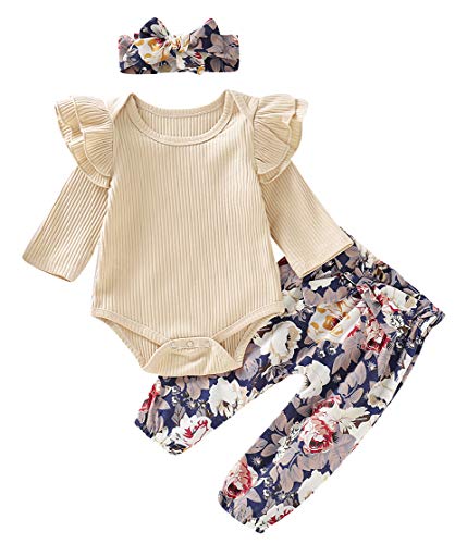Product Cover 3PCS Infant Baby Girls Outfits Ruffle Romper+Floral Pants+Headband Clothes Sets
