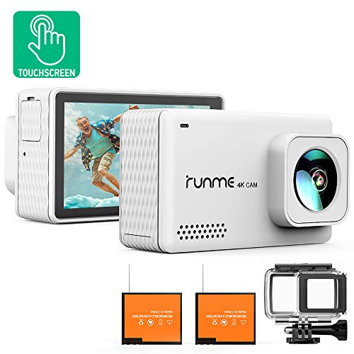 Product Cover Runme R3 4K Action Camera Touch Screen 16MP Adjustable Wide Angle Waterproof Camcorder, Sports Camera with Accessories Kit & 2 Batteries (White)