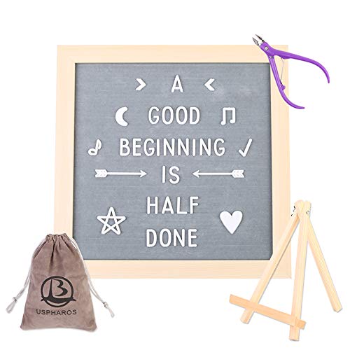 Product Cover Gray Felt Letter Board 10x10 inch Changeable Letter Board Industrial with MDF Wood Frame Include 618 White Letters Additional Symbols & Emojis, Letter Bag, Scissors, Stand.