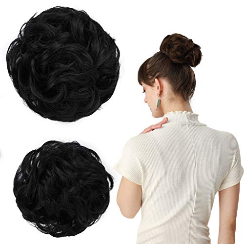 Product Cover REECHO Women's Thick 2PCS Hair Scrunchies Made of Hair Curly Wavy Updo Hair Bun Extensions Messy Hairpieces - Jet Black