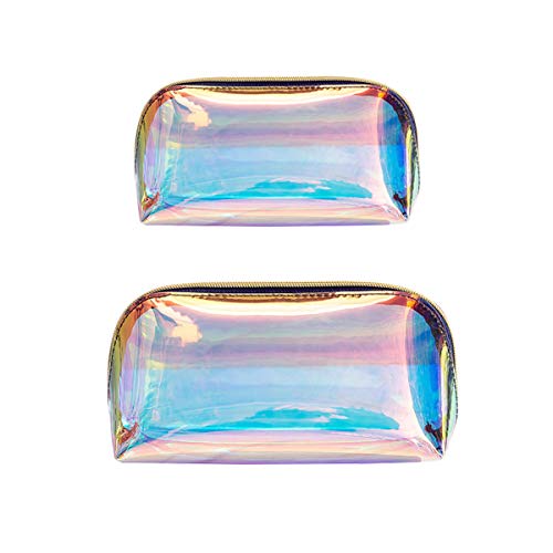Product Cover Jshend 2 Pcs Holographic Makeup Bag Clear Cosmetic Bag Organizer Large Capacity Iridescent Makeup Pouch Clear Toiletry Pouch Hologram Clutch Cosmetic Pouch for Women（JRB）