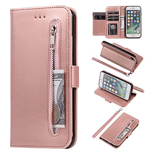 Product Cover EYZUTAK Wallet Case for iPhone 6 Plus iPhone 6S Plus, 5 Card Slots Magnetic Closure Zipper Pocket Handbag PU Leather Flip Case with Wrist Strap TPU Kickstand Cover for iPhone 6 Plus/6S Plus -Rose Gold