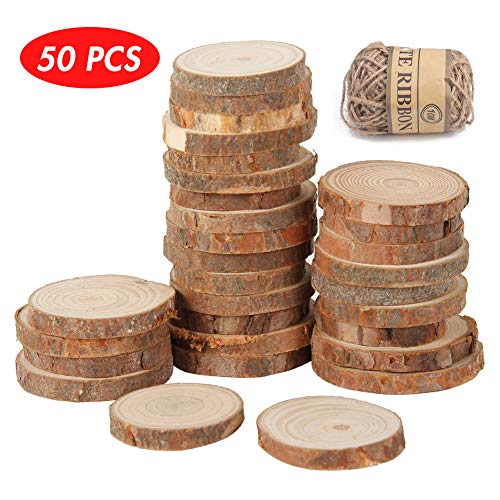 Product Cover LovesTown Natural Wood Slices Set,50pcs Natural Unfinished Wood with Jute Twine,60-70mm Wood Disc/Wood Cutouts/Wood Plates for DIY Craft Christmas Wedding Ornaments