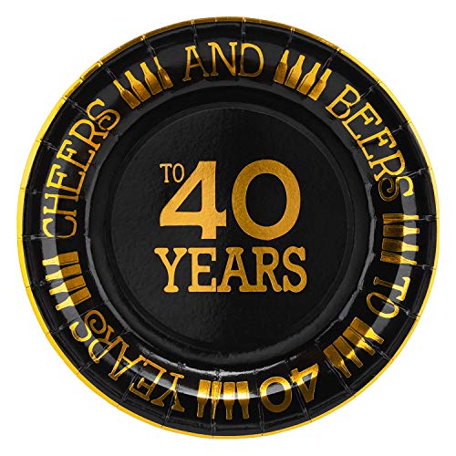 Product Cover Crisky 40th Birthday Plates Black and Gold Dessert, Buffet, Cake, Lunch, Dinner Plates for 40th Birthday Decorations Party Supplies, Cheers and Beers to 40 Years! 50 Count, 9