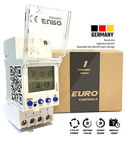 Product Cover EuroControls Polycarbonate German Din Type -1 Channel Digital Timer Controller Programmable for Daily/Weekly/Cyclic/Pulse/Holiday/Random Modes-Rail Mounting , Min 1 Second -Pin Code Lock (White)