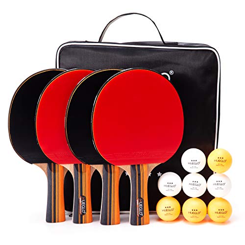 Product Cover HUEGLO Outdoor Ping Pong Paddles Set of 4 Table Tennis Paddles and Balls Set for Any Table,Pro Premium Table Tennis Racket Professional Spin Rubber Bat,3 Star Balls,Portable Storage Case