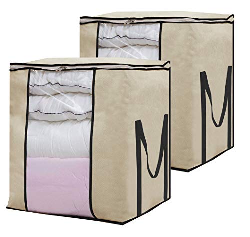 Product Cover SLEEPING LAMB Extra Large Storage Bag Organizer Breathable Clothes Storage Container with Clear Window for Comforter Pillow Sweater Bedding Dormitory Home, 2 Pack, Beige