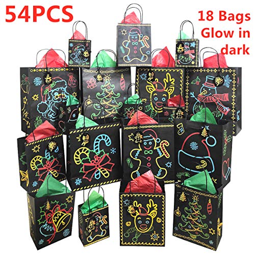 Product Cover Christmas Gift Bags Assorted Sizes with Tissue Papers and Gift Tags Bulk, Glow in the Dark Design, 54pcs, 18 Bags, 8 Different Designs, 4 Jumbo, 4 Large, 4 Medium, 6 Small, 18 Red & Green Tissue Papers and Handle for Christmas Holiday Party