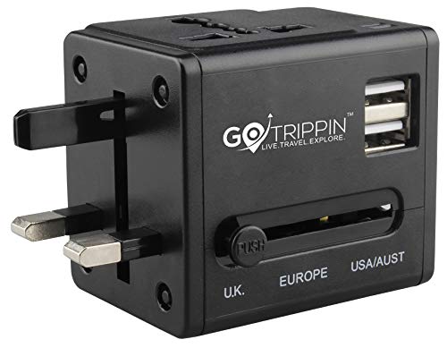 Product Cover GoTrippin Universal Travel Adapter with Dual USB Charger Ports (Black), International Worldwide Charger Plug for Phone, Laptop, Camera, Tablet