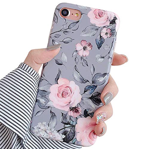 Product Cover YeLoveHaw iPhone 8 Case, iPhone 7 Case for Girls, Flexible Soft Slim Fit Full-Around Protective Cute Phone Case Cover with Purple Floral and Gray Leaves Pattern for iPhone8 / iPhone7 (Pink Flowers)