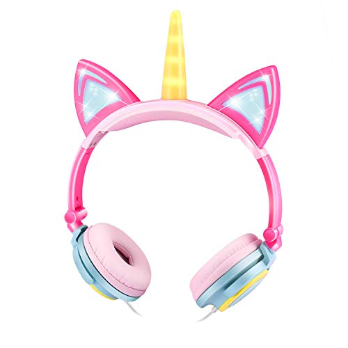 Product Cover EBOT Unicorn Headphones Over Ear Kids Headphones Foldable Headphones with Glowing LED Cat Ears Safe Wired Kids Headsets 85dB Volume Limited for Toddlers Travel Birthday Gifts