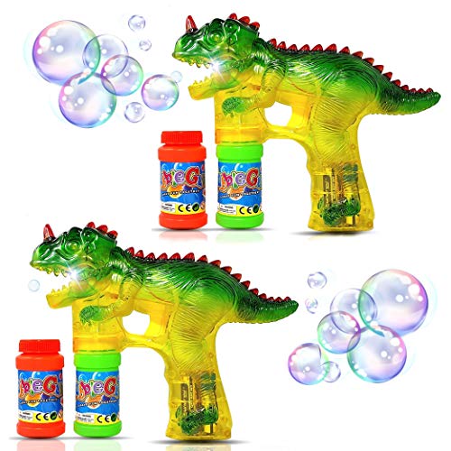 Product Cover Haktoys 2-Pack Jurassic Dinosaur Light Up Bubble Gun Shooter | Bubble Blower for Toddlers, Kids, Parties | LED Flashing Lights, Extra Refill Bottles, Sound-Free (Complementary Batteries Included)