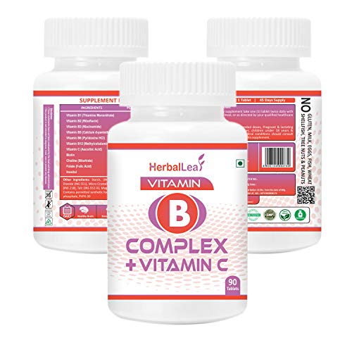 Product Cover HerbalLeaf Vitamin B-Complex with Vitamin C | Biotin | Choline | Folic Acid | Inositol | Improves Eyesight | Supports Growth of Red Blood Cells | 90 Tablets | 45 Days Supply