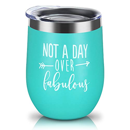 Product Cover JIMOTEK Cups Funny Gifts for Women - Not a Day Over Fabulous Perfect Birthdays Gifts Ides for Mom,Friends,BBF,Girl Friends,Wife,Coworker,Grandma,Aunt,12oz Stemless Insulated Wine Tumbler with Lid