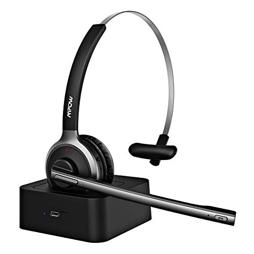 Product Cover Mpow M5 Pro Bluetooth Headset, Advanced Noise Cancelling Microphone, Strong BT Signal, Comfort-fit Truck Driver Headset with Charging Base, Hands-Free Wireless Headphones for Skype/Call Center/Office