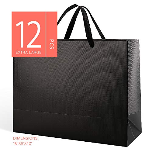 Product Cover MALICPLUS 12 Extra Large Gift Bags 16x6x12 Inches, Luxury Large Gift Bags with Handles (Cotton) for All Occasions (Matte Black Embossing)
