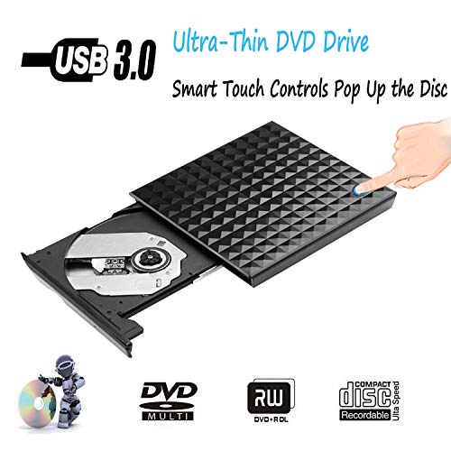 Product Cover [New Upgraded] External DVD Drive,Portable USB 3.0 Smart Touch Control CD DVD Drive Ultra-Thin CD/DVD+/-RW Burner Player Writer Compatible with Desktop Laptop MacBook Mac OS Windows XP/7/8/10(Black)