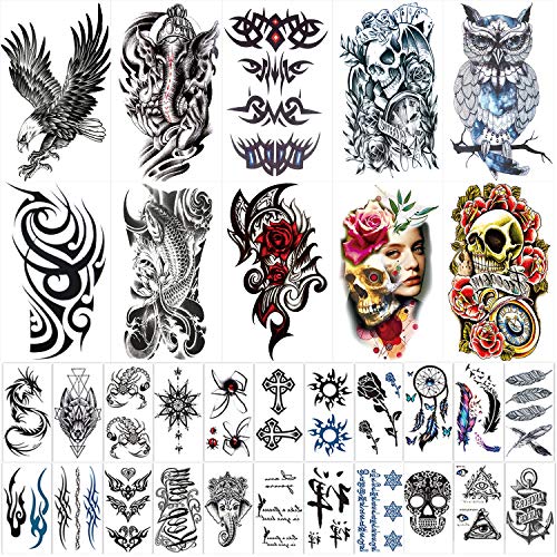 Product Cover 42 Sheets Temporary Tattoos Stickers (Include 10 Sheets Large Stickers), Fake Body Arm Chest Shoulder Tattoos for Men and Women