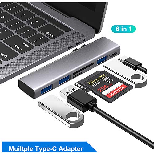 Product Cover USB C Hub 6 in 1 Type C Adapter with Thunderbolt 3, 5K@60Hz Video Output, TF/SD Card Reader, 3 USB 3.0 Ports, Fastest 40Gbs USB-C, Designed for MacBook Pro 13″and MacBook Pro 15″(Sliver)