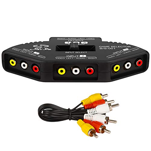 Product Cover RCA Splitter with 3-Input and 1-Output, Audio and Video RCA Switch Box with Cable for Connecting 3 RCA Signal Devices to 1 Monitor