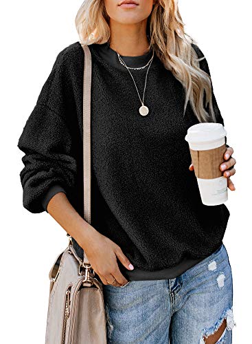 Product Cover Sousuoty Black Sweaters for Women Crewneck Long Sleeve Sweatshirt Fleece Pullover Tunic XL