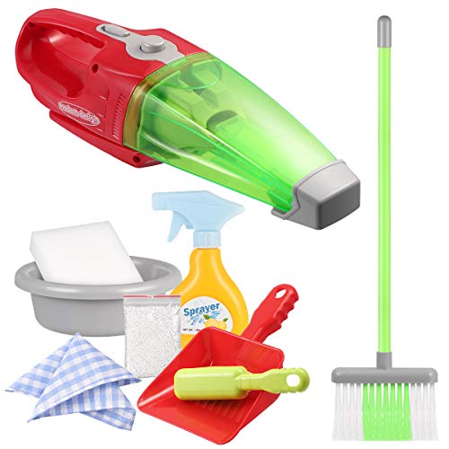 Product Cover iBaseToy 9 Pcs Kids Cleaning Set - Pretend Play Toy Cleaning Set Include Electric Vacuum Cleaner, Broom, Brush, Dustpan, Spray Bottle, Washbasin, Foam Dust, Sponge, Dishcloth- Cleaning Toy for Kids