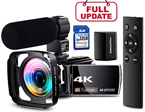 Product Cover 【Full Upgrade】 Ultra HD 4K Camcorder Vlogging Video Camera 60FPS YouTube Camera Digital Recorder Remote Control IR Night Vision with Powerful Microphone, Wide Angle Lens, Lens Hood, Batteries