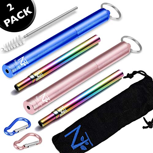 Product Cover Metal Straw Collapsible Reusable Set - Best Drinking Straws with Cleaning Brush Aluminium Case Keyring Carry Bag 2 PACK 9 Inch Portable Ecofriendly Stainless Steel Metalstraw Rose Gold Dishwasher Safe
