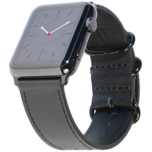 Product Cover Carterjett XL/XXL Compatible with Apple Watch Band 42mm 44mm Black Genuine Leather iWatch Band Military-Style Replacement Strap Extra Long X- Large Wrists for Series 5 4 3 2 1 (42 44 XL/XXL Black)