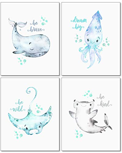 Product Cover Confetti Fox Sea Nursery Pictures Wall Art Decor - 8x10 Unframed Set of 4 Prints - Kids Ocean Life Baby Animals - Whale Octopus Stingray Shark