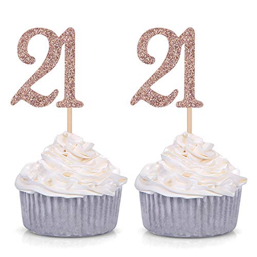 Product Cover 24 CT Rose Gold Glitter Number 21 Cupcake Toppers 21st Birthday Party Decoration Picks