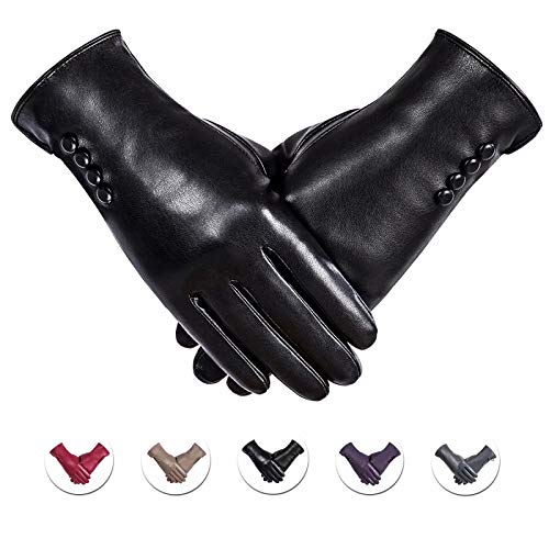 Product Cover Winter PU Leather Gloves For Women, Warm Thermal Touchscreen Texting Typing Dress Driving Motorcycle Gloves With Wool Lining (Black-M)