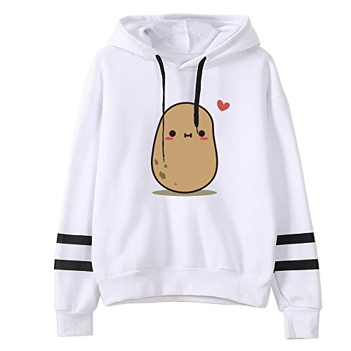 Product Cover Hoodies for Women Graphic Two Stripes Lightweight Japanese Kawaii Style Potato Print Casual Sweatshirt White