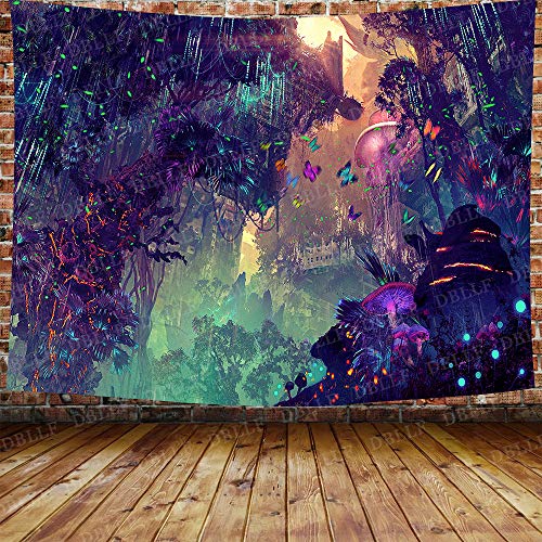 Product Cover DBLLF Psychedelic Forest Mushroom Theme Background Tapestry Trippy Mushroom Tapestry Cartoon Dreamy Butterfly Glowing Forest Colorful Digital Drawing for Home Decor 80X60 Inches DBZY1135