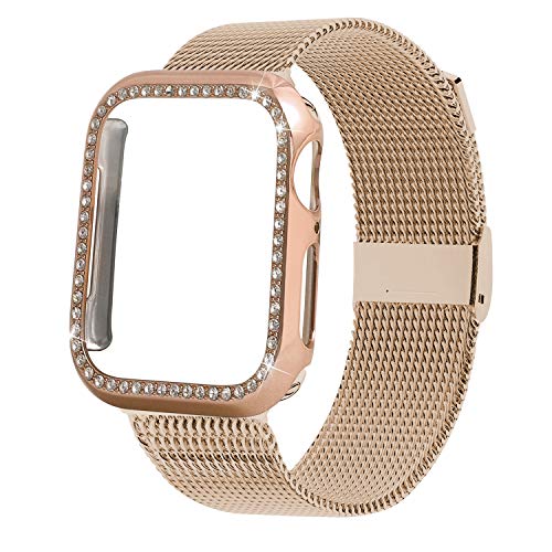Product Cover INTENY Compatible for Apple Watch Band 40MM with Bling Screen Protector, Women Stainless Steel Mesh Strap with Protective Crystal Diamond Case Compatible for iWatch Series 4/3/2/1 (Gold, 40mm)