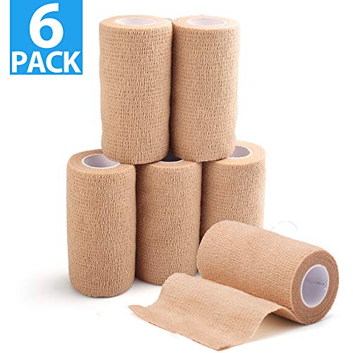 Product Cover 6 Packs First Aid Self Adhesive Cohesive Bandage, 4inch x 5 Yards, Self Adherent Wrap, Non Woven Bandage Wrap, Athletic Medical Tape, First Aid Tape for Ankle, Knee & Wrist Sprains, Tan Colors