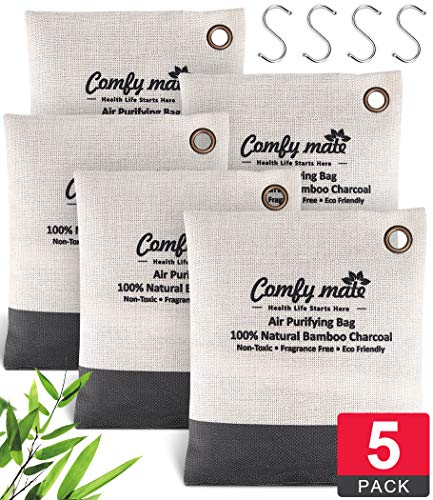 Product Cover 5 Large Pack Bamboo Charcoal Air Purifying Bag with Hooks, Activated Natural Breathe Air Freshener Deodorizer, Odor Absorber Eliminator Remover for Green Home, Car, Pet, Closet, Shoe Cabinet