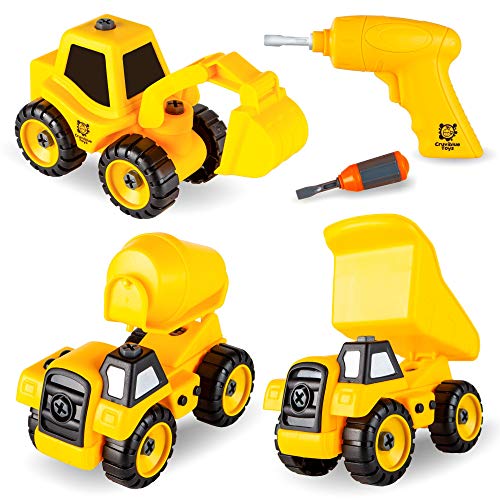 Product Cover Take Apart Construction Truck Toys, Set of 3 Take Apart Trucks with Drill, Build It Yourself Construction Vehicles for Kids - Dump Truck, Cement Truck, Excavator - Great Gift for Boys & Girls Ages 3 +