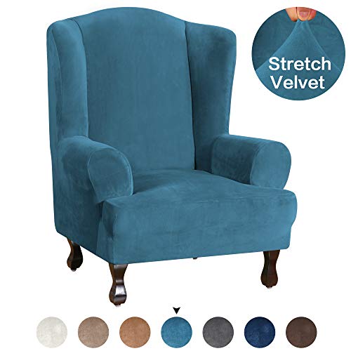 Product Cover Turquoize Wing Chair Slipcover Velvet Wingback Chair Cover Ultra Soft Plush Sofa Covers Velvet Wing Chair Slipcovers Plush Sofa Covers 1-Piece Furniture Cover/Wingback Chair Cover, Peacock Blue