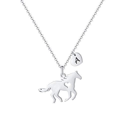 Product Cover Horse Gifts for Girls Horse Necklace, Stainless Steel Heart A Initial Necklace Horse Necklace for Women Little Girls, Horse Pendant Necklace Jewelry Silver Plated 26 Initial Letter Necklace for Girls