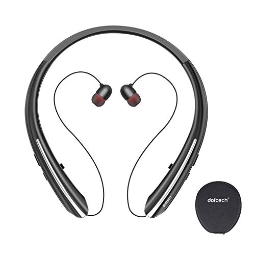 Product Cover Bluetooth Headphones, Doltech Neckband Wireless Bluetooth 5.0 Headset with Retractable Earbuds Hi-Fi Stereo Sound Earphones with Mic and Carrying Bag, Sweatproof Call Vibrate Alert (Black)