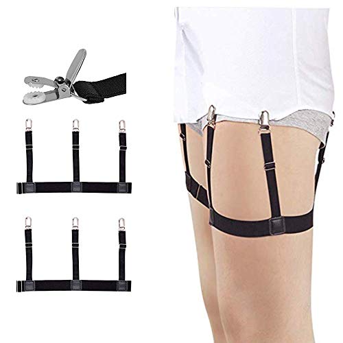 Product Cover Qeboet Mens Shirt Stays Adjustable Elastic Garter Military Shirts Holder with Non-slip Locking Clamps (Black 1)
