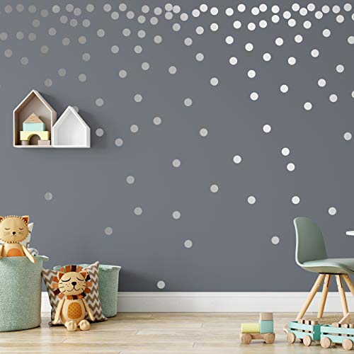 Product Cover Mega Pack - 390 Peel & Stick Silver Polka Dot Vinyl Wall Decals - Includes 200 2-inch Circle Glitter Stickers Decor for Baby Nursery Teen Girls Kids Bedroom Dorm Room Decorations Wall Art (Silver)