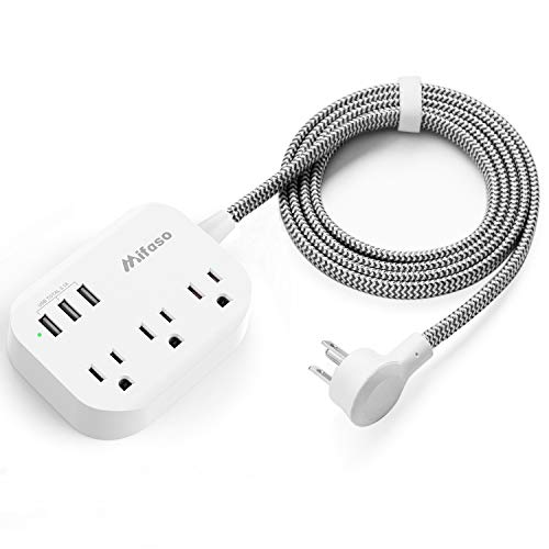 Product Cover Travel Power Strip with 3 USB Charging Ports, Non Surge Protector Multi Plug with 5 ft Heavy-Duty Braided Extension Cord, Mountable, Flat Plug, Outlet Extender for Cruise Ship - White