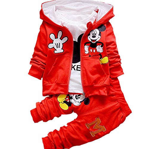Product Cover Bold N Elegant Cute Mickey Mouse Cartoon Graphics 3 Piece Autumn Winter Baby Boy Girl Clothing Set t-Shirt with Hood Jacket N Matching Pants for Infant Toddler Kids